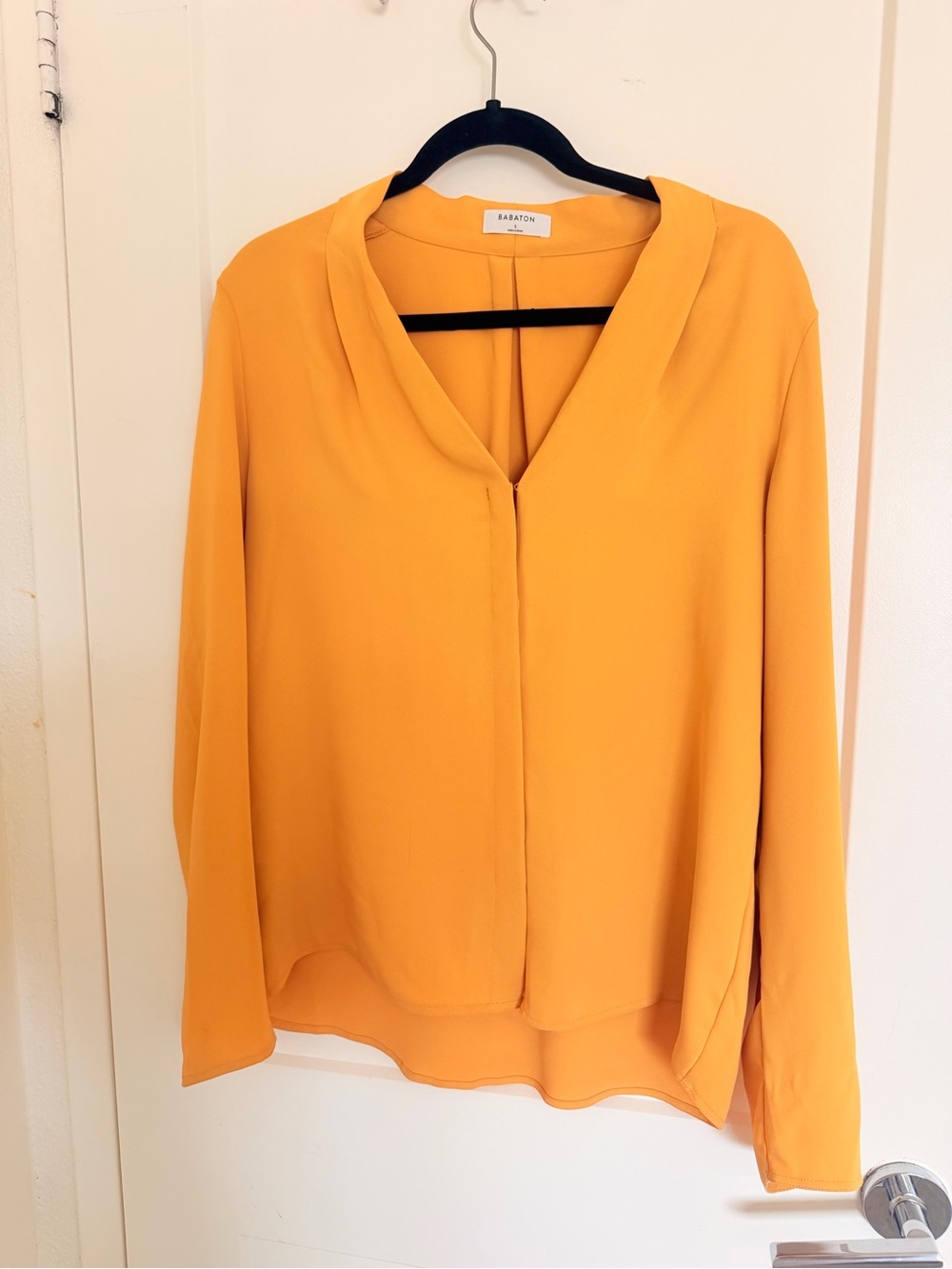 Aritzia Babaton V-Neck Long-Sleeve Blouse in Mustard
